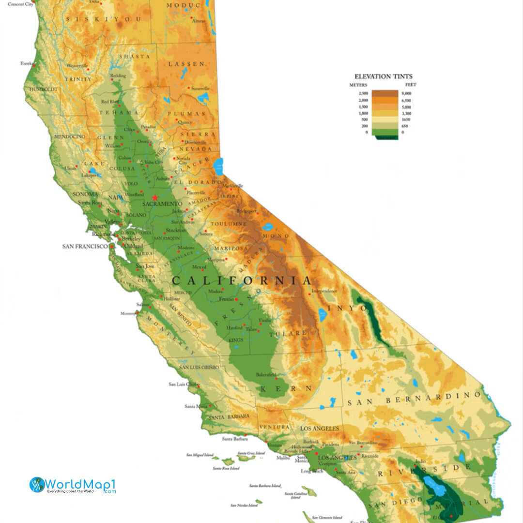 Carte physique de la Californie